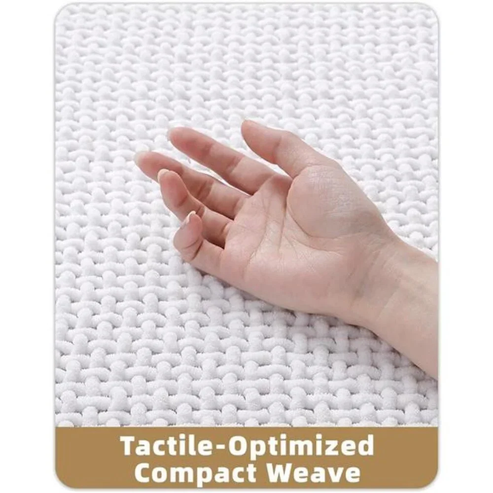 White Chenille Bath Mat Non Slip Absorbent Thin Washable Quick Dry 17x29.5 in